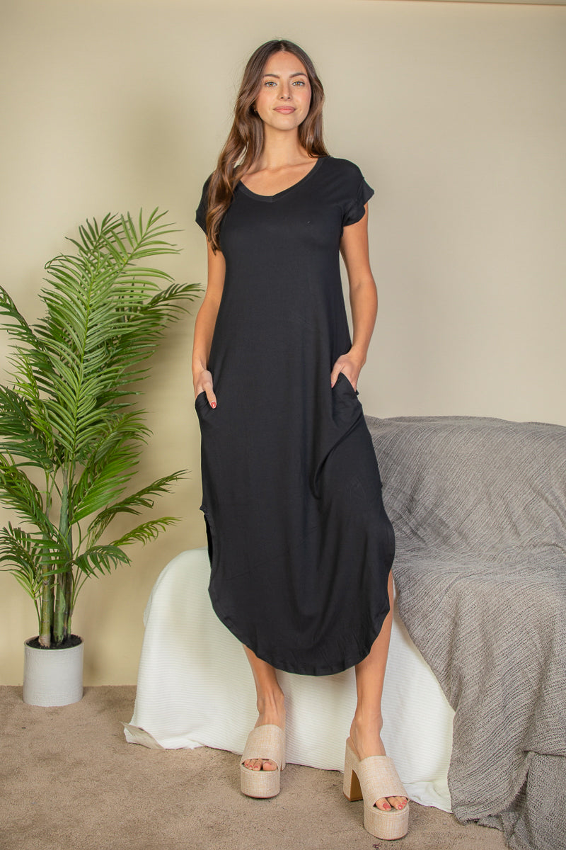 Hidden Pocket Batwing Sleeve V Neck Long Dress (CAPELLA)