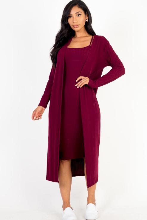 Ribbed Cardigan & Cami Midi Bodycon Dress (CAPELLA)
