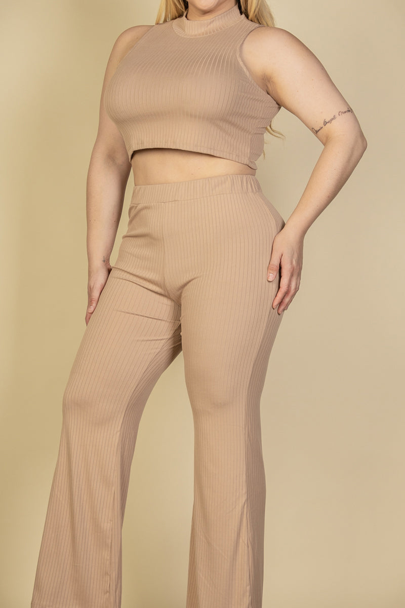 Plus Size Ribbed Mock Neck Crop Tank Top& Bootcut Pants Set (CAPELLA)