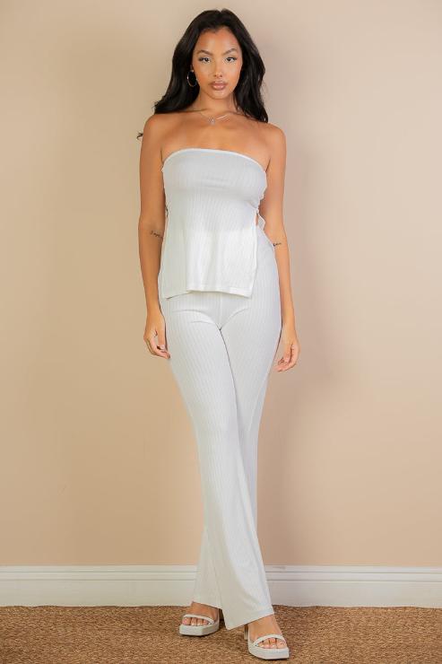 Ribbed Side Slit Bandeau Top & Flare Pants Set (CAPELLA)