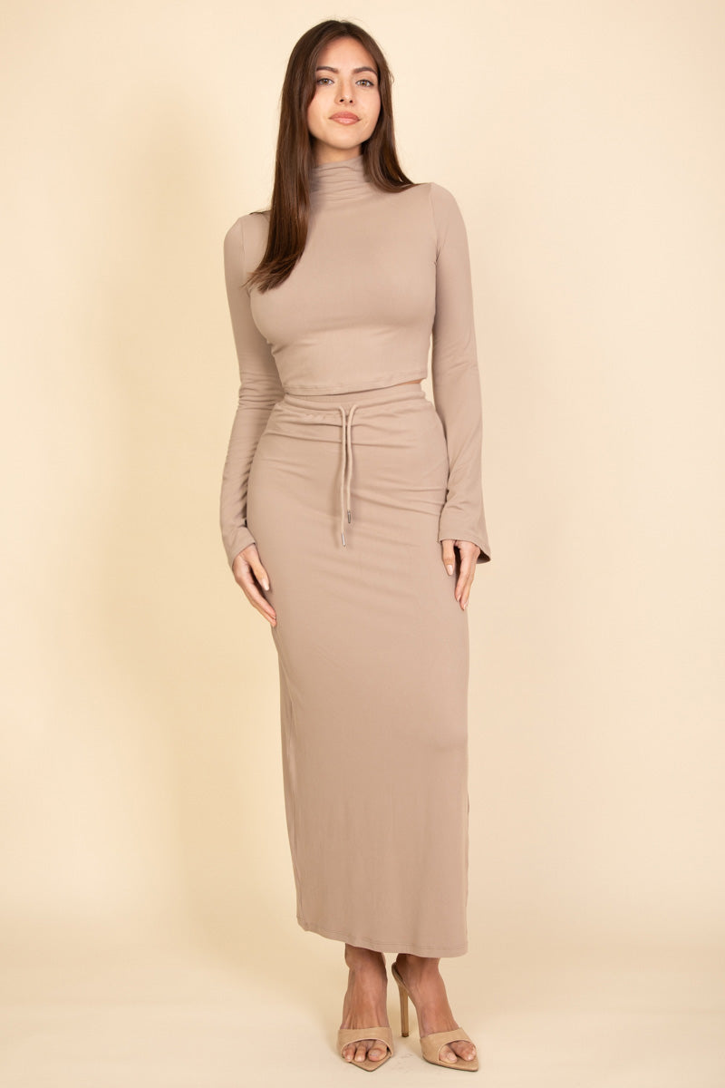 Mock Neck Bell Sleeve Crop Top & Maxi Skirt Set (CAPELLA)