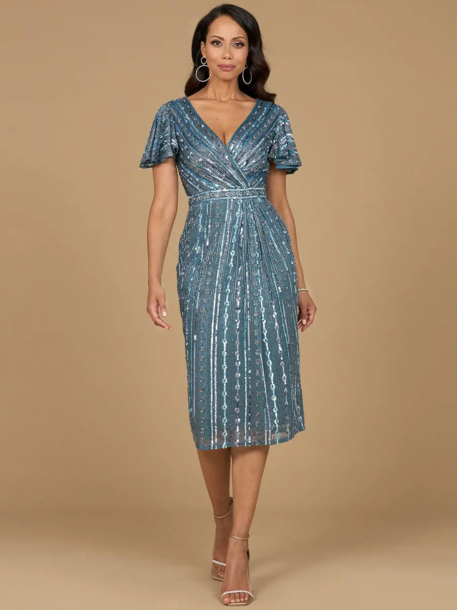 Beaded Midi Dress with Flutter Sleeves Lara New York