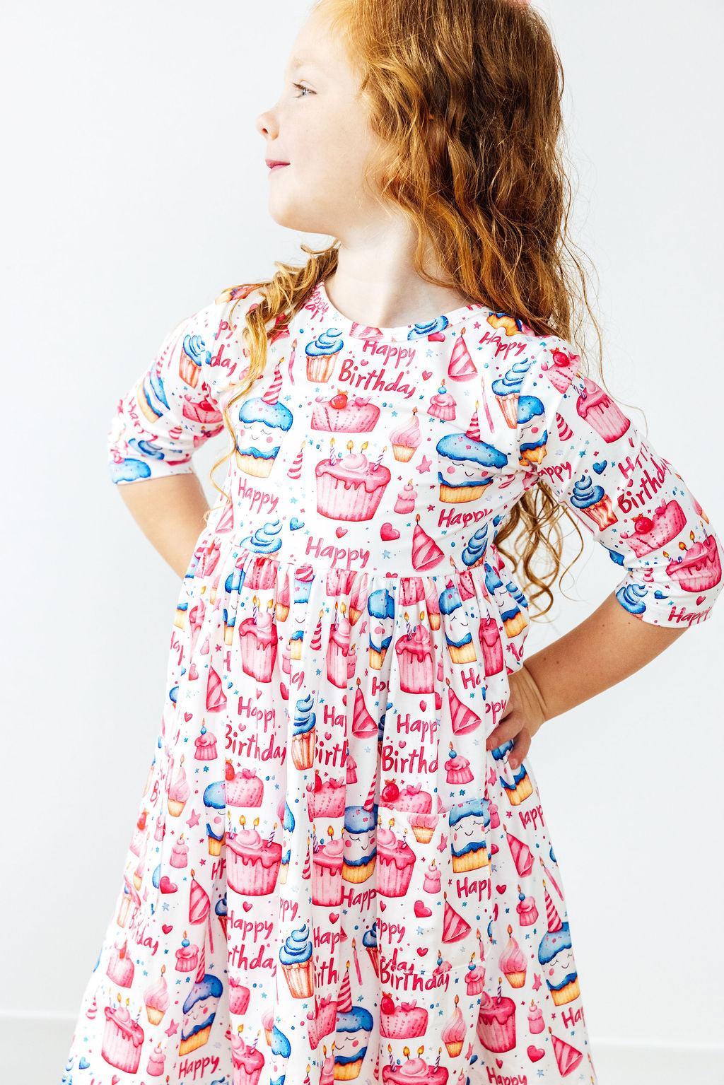 Birthday Girl 3/4 Sleeve Pocket Twirl Dress