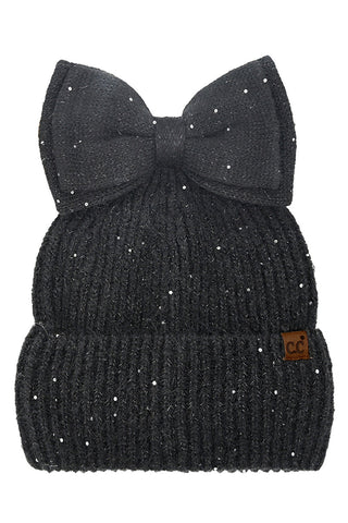 C.C Messy Bun Bow Beanie with Sequins Winter Hat