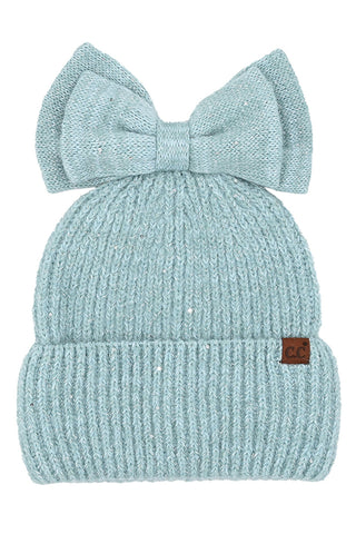 C.C Messy Bun Bow Beanie with Sequins Winter Hat
