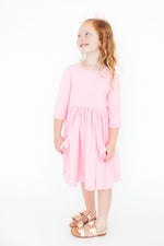 Bubblegum Pink 3/4 Sleeve Pocket Twirl Dress