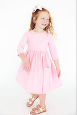 Bubblegum Pink 3/4 Sleeve Pocket Twirl Dress