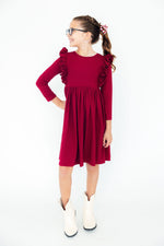 Burgundy L/S Ruffle Twirl Dress