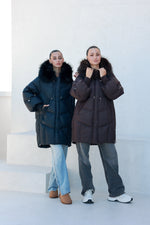 Celeste Genuine Fur Trim Down Fill Coat in Fig