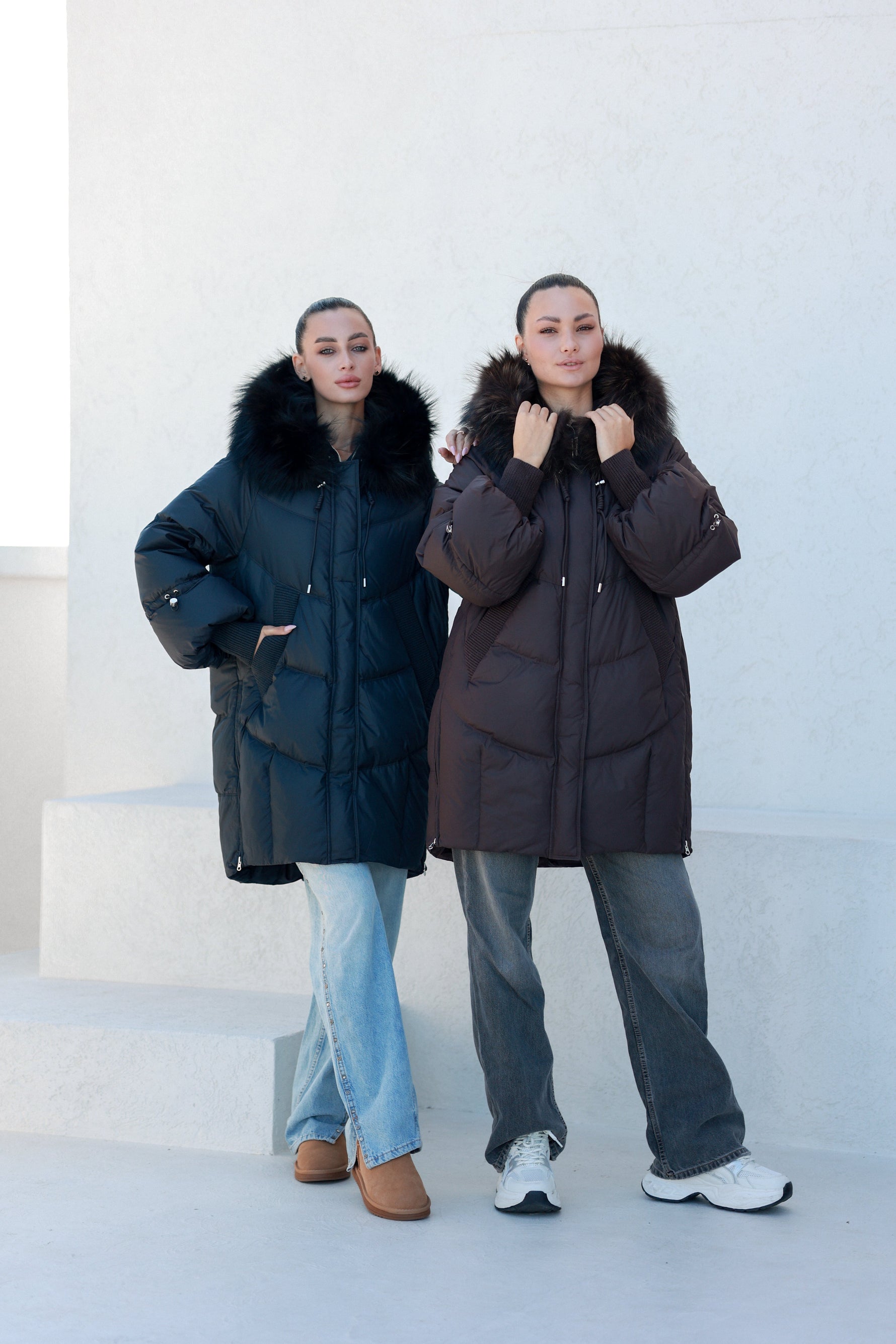 Celeste Genuine Fur Trim Down Fill Coat in Fig