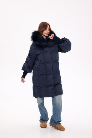 Genuine Fox Fur Trim Down Coat in Royal Blue - By Baano