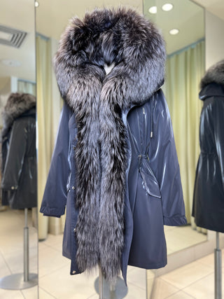 Genuine Silver Fox Fully Lined Hood Rabbit Insulated Parka - By Baano