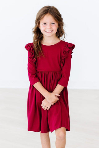 SALE Burgundy 3/4 Sleeve Ruffle Twirl Dress - By Baano