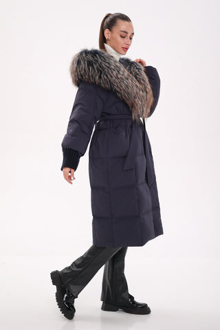 Rei Genuine Fur Trim Hooded Down Coat in Navy - By Baano