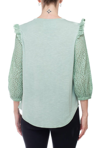 Cupio Round Neck Eyelet ¾ Sleeve Ruffled Shoulders Curved Hem Stretch Crepe Top - Glamourous Grace