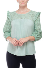 Cupio Round Neck Eyelet ¾ Sleeve Ruffled Shoulders Curved Hem Stretch Crepe Top - Glamourous Grace