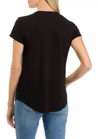 Cupio Crew Neck Cap Sleeve Chest Pocket Stretch Crepe Top - By Baano
