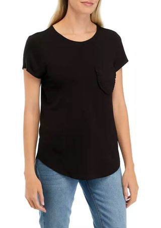 Cupio Crew Neck Cap Sleeve Chest Pocket Stretch Crepe Top - By Baano