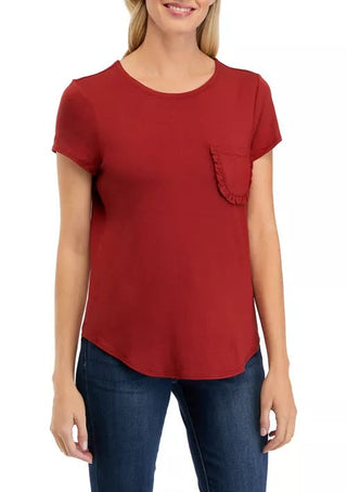 Cupio Crew Neck Cap Sleeve Chest Pocket Stretch Crepe Top - By Baano