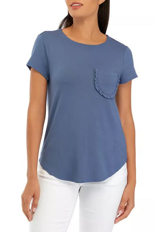 Cupio Crew Neck Cap Sleeve Chest Pocket Stretch Crepe Top - By Baano