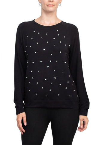 Carmen Marc Valvo Crew Neck long Sleeve Elastic Cuff’s Embellished Knit Top - By Baano