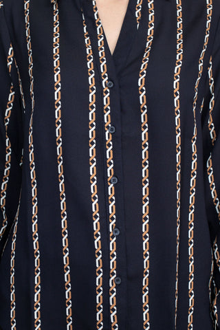 Joan Vass NY Collared V-Neck Button Down Button Cuffed Long Sleeve Back Yoke Printed Woven Top - By Baano