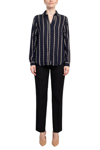 Joan Vass NY Collared V-Neck Button Down Button Cuffed Long Sleeve Back Yoke Printed Woven Top - By Baano