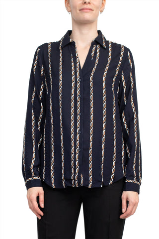 Joan Vass NY Collared V-Neck Button Down Button Cuffed Long Sleeve Back Yoke Printed Woven Top - By Baano