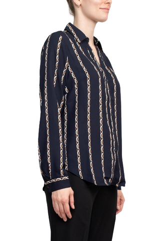Joan Vass NY Collared V-Neck Button Down Button Cuffed Long Sleeve Back Yoke Printed Woven Top - By Baano