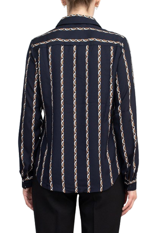 Joan Vass NY Collared V-Neck Button Down Button Cuffed Long Sleeve Back Yoke Printed Woven Top - By Baano