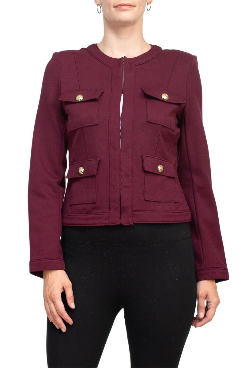 Carmen Marc Valvo Crew Neck Long Sleeve Hook Closure Woven Knit Jacket with Pockets - Glamourous Grace