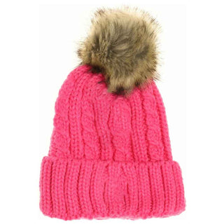 KIDS Cable Ribbed Fur Pom C.C Beanie