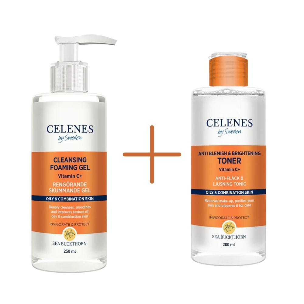 Celenes by Sweden Sea Buckthorn Cleansing Foaming Gel 250 ml / 8.5 fl oz & Anti Blemish & Brightening Toner 200 ml / 6.8 fl oz Chivela