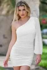 Size XS, Clara One Sleeve Mini Dress -  White - FINAL SALE
