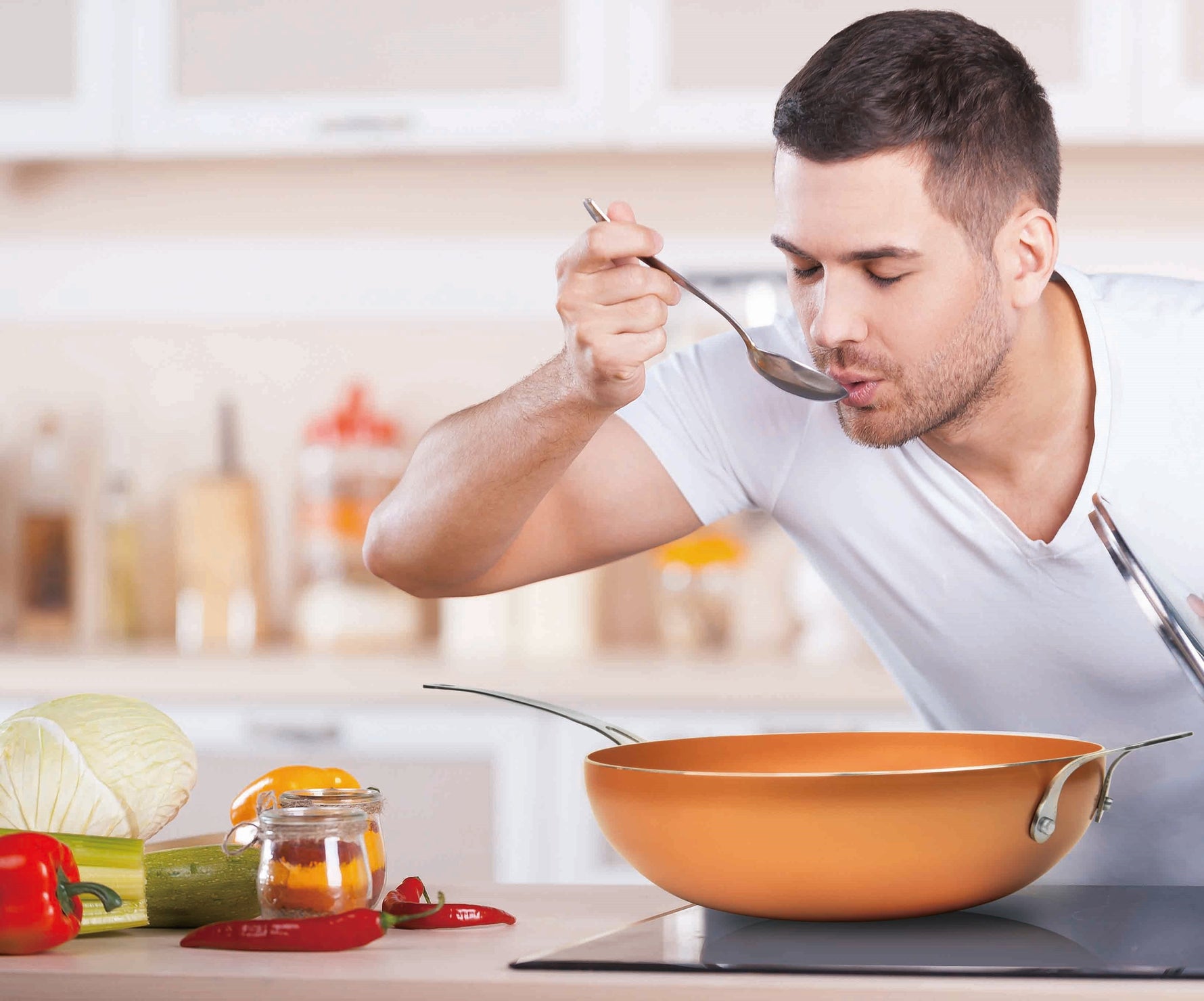 MASTERPAN Ceramic Nonstick Copper Color Wok & Glass Lid, 12