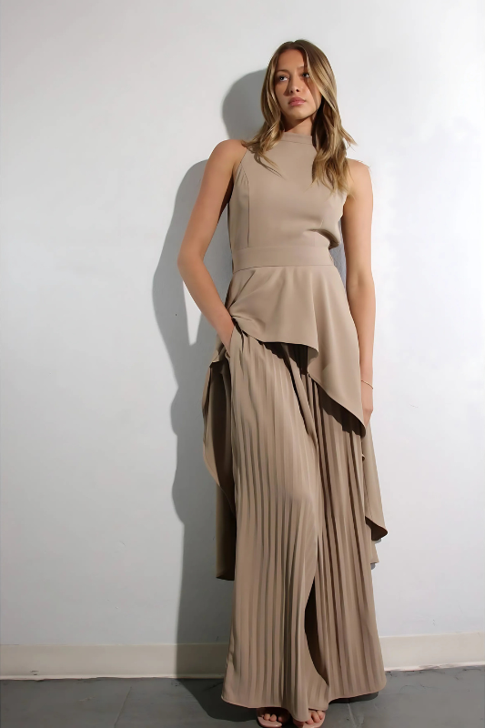Escape to Milan Taupe Pleated Pants Set - By Baano