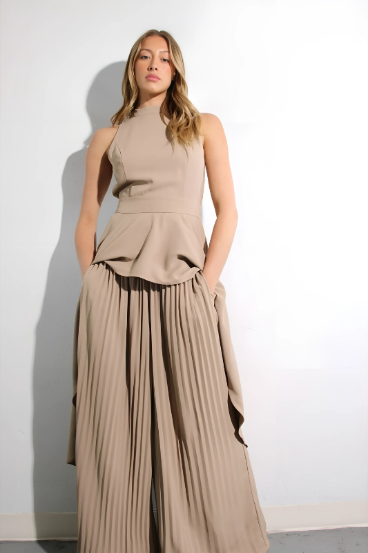 Escape to Milan Taupe Pleated Pants Set - By Baano