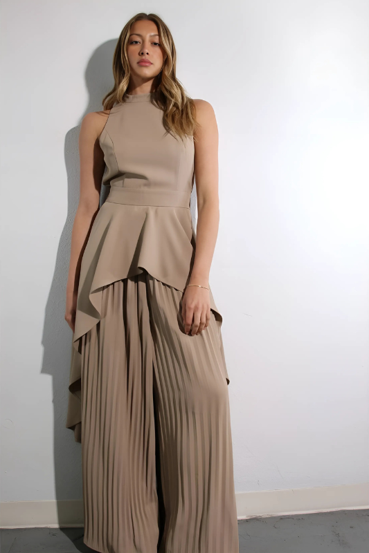 Escape to Milan Taupe Pleated Pants Set - By Baano