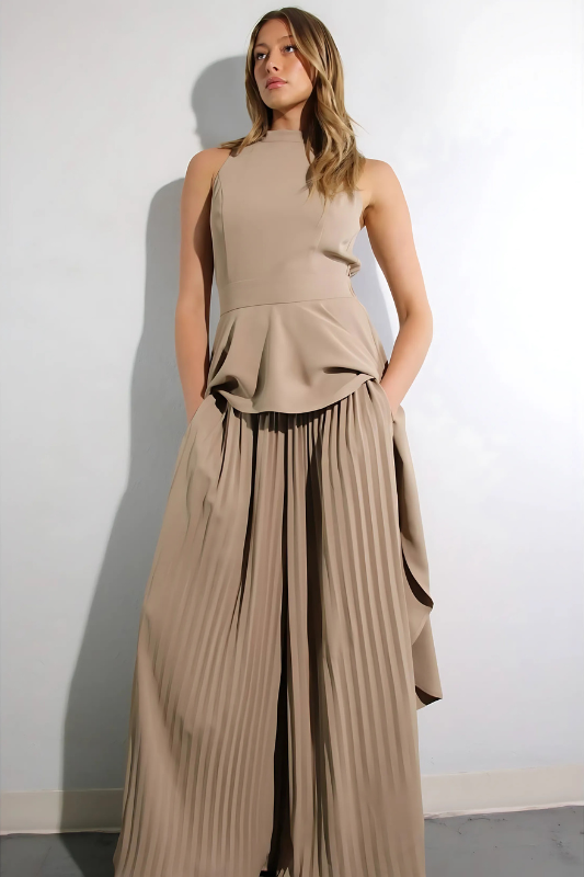 Escape to Milan Taupe Pleated Pants Set - By Baano