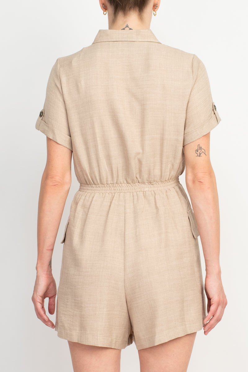 Emma & Michele Light Taupe Polyester Woven Romper - Glamourous Grace