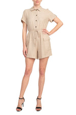 Emma & Michele Light Taupe Polyester Woven Romper - Glamourous Grace