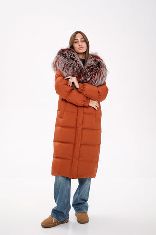 Genuine Silver Fox Fully Lined Hood Down Filled Coat - By Baano