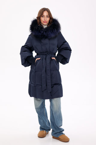 Genuine Fox Fur Trim Down Coat in Royal Blue - By Baano
