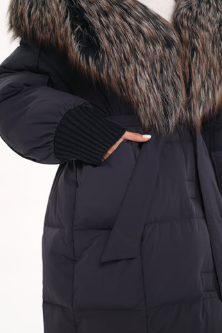 Rei Genuine Fur Trim Hooded Down Coat in Navy - By Baano