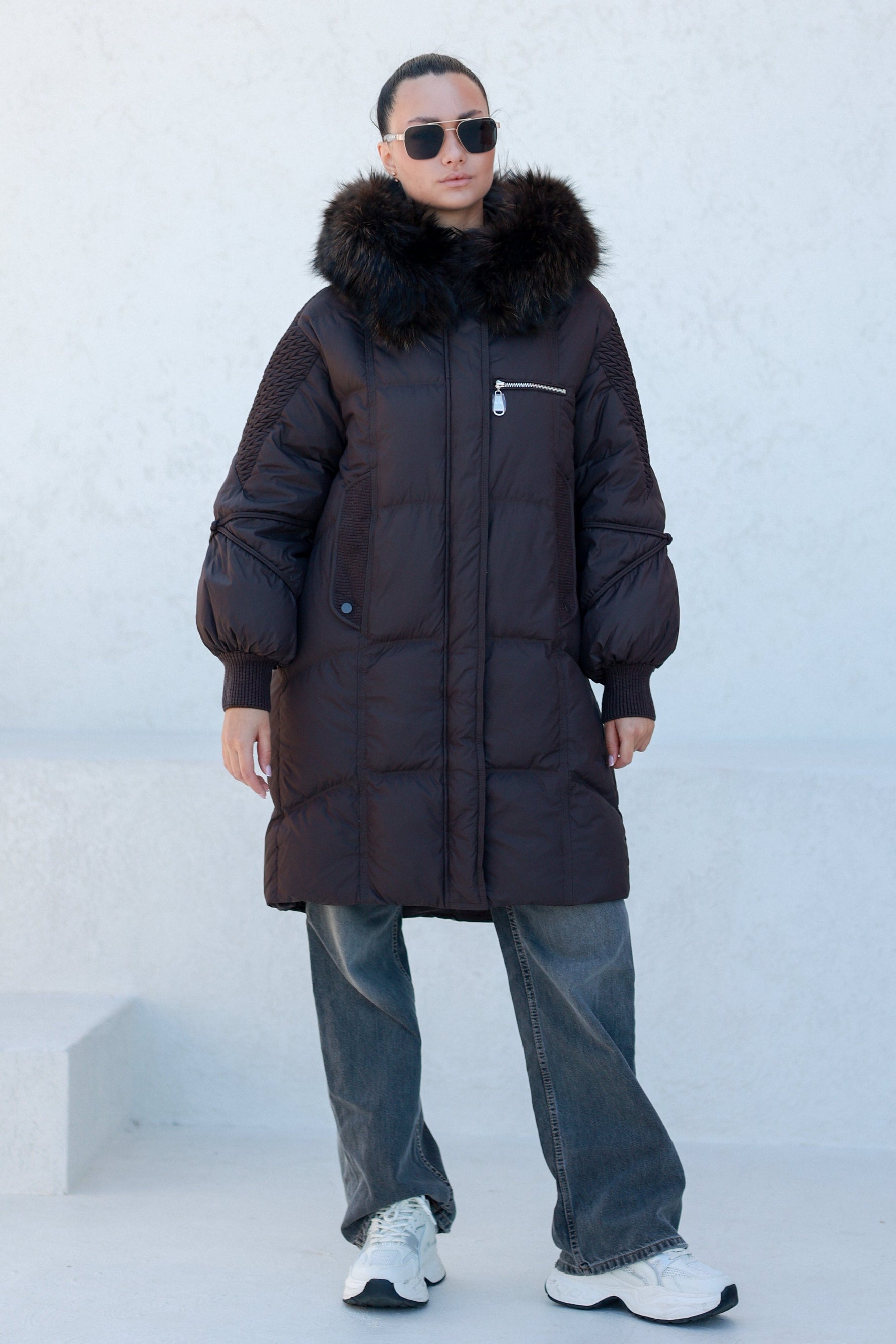 Dakota Genuine Fur Trim Down Fill Coat in Chocolate