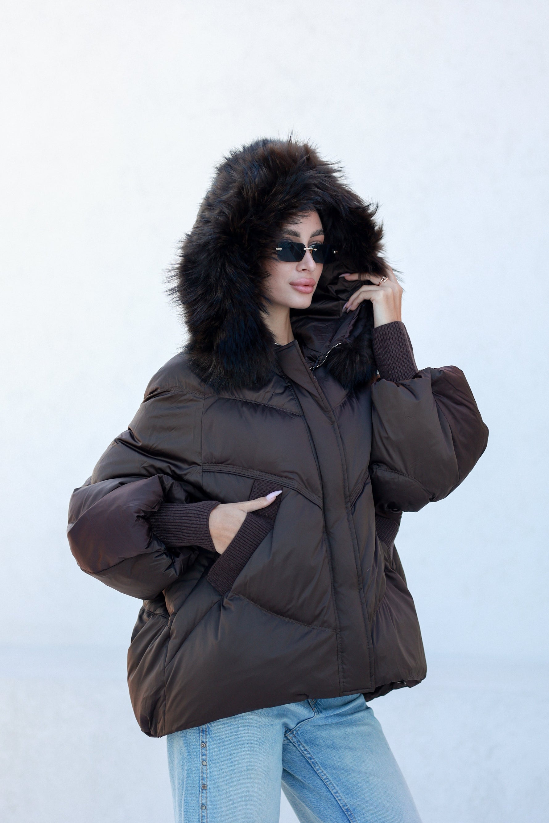 Chantal Genuine Fur Trim Down Fill Coat in Chocolate