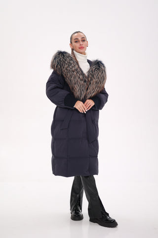 Rei Genuine Fur Trim Hooded Down Coat in Navy - By Baano