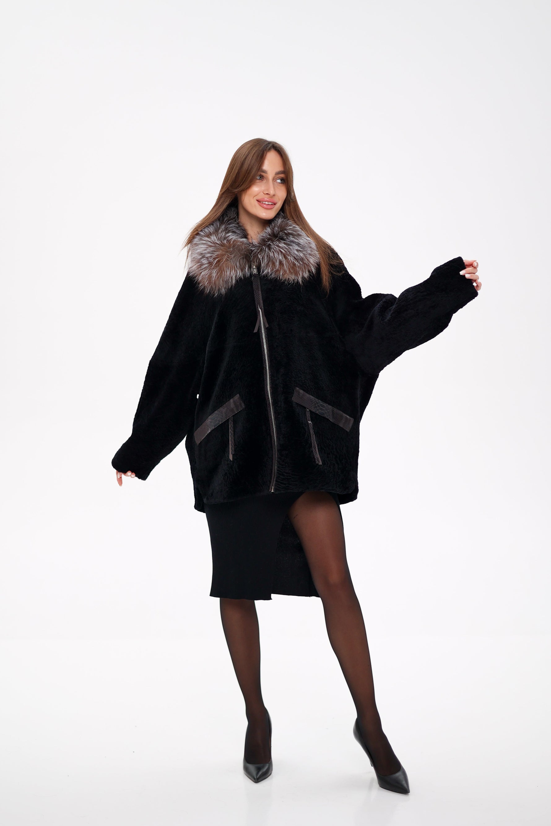 Palermo Genuine Astrakhan Silver Fox Trim Coat