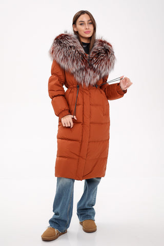 Genuine Silver Fox Fully Lined Hood Down Filled Coat - By Baano