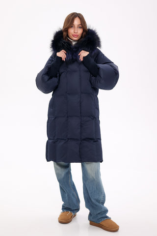 Genuine Fox Fur Trim Down Coat in Royal Blue - By Baano
